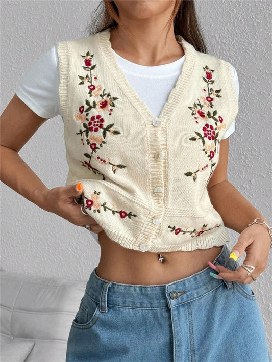 Floral Embroidery V-Neck Knit Sweater Vest