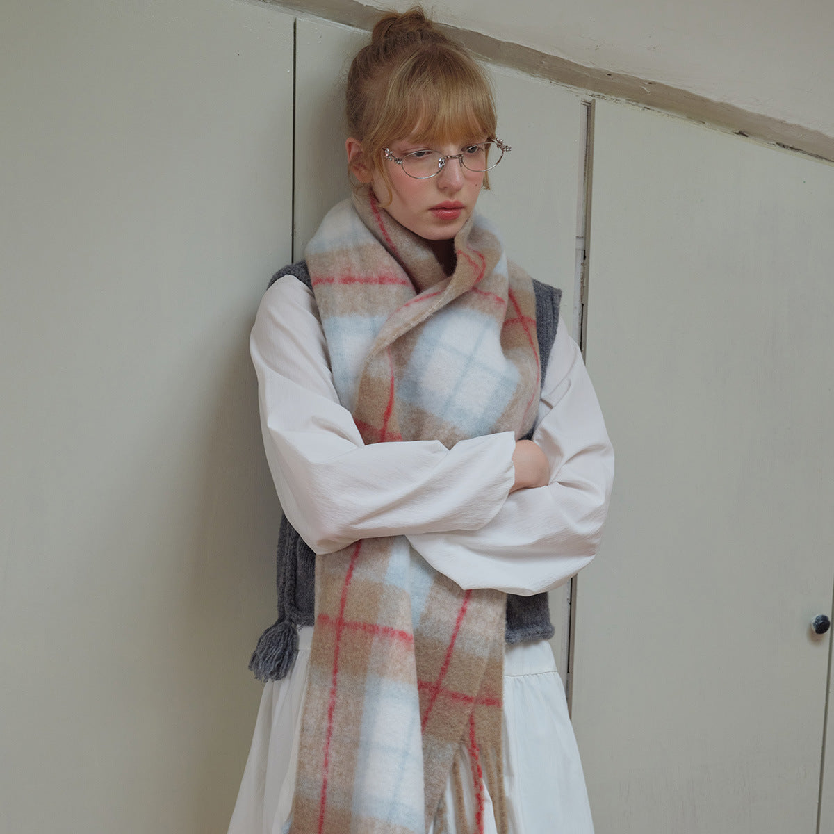 Japanese-Inspired Plaid Scarf Soft Wool Blend Shawl