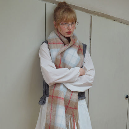 Japanese-Inspired Plaid Scarf Soft Wool Blend Shawl