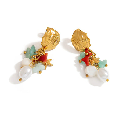 Shell Inspired Geometric Stainless Steel Pearl Earrings for Elegant Casual Wear