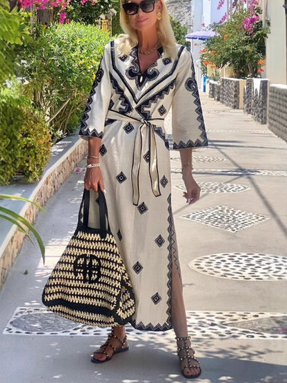 Bohemian Floral Belted Maxi Dress Elegant Commuter Style