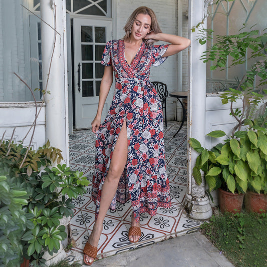 Womenswear Print Slim Dress Short Sleeves V-Neck Long Skirt