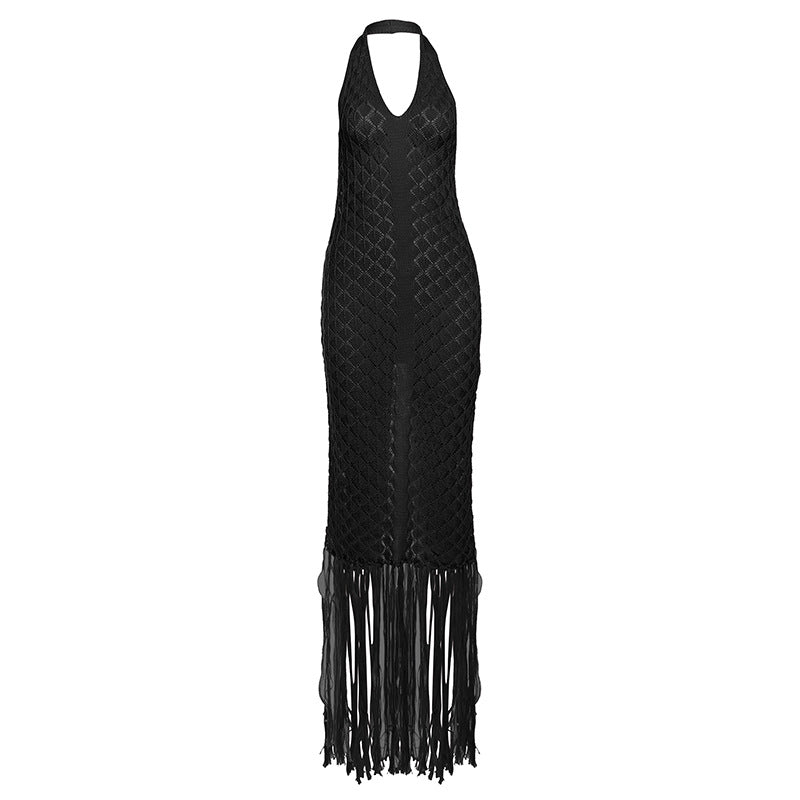 V Neck Backless Long Dress Chic Fringe Evening Dress