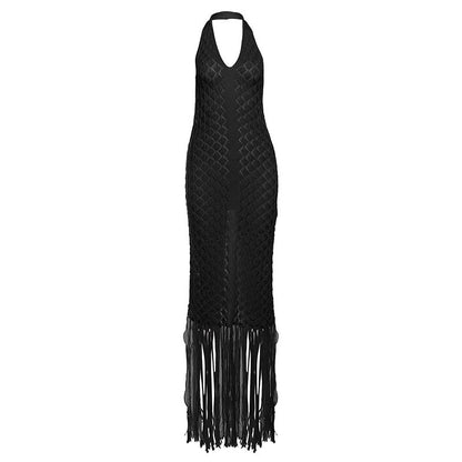 V Neck Backless Long Dress Chic Fringe Evening Dress