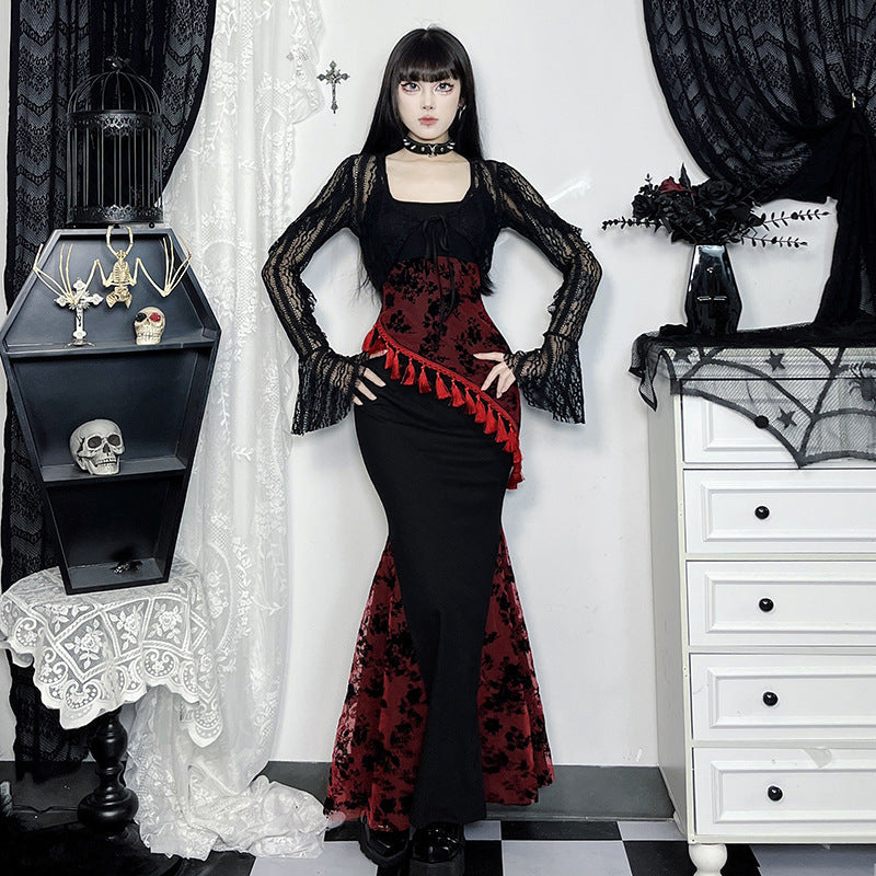 Black Floral Print Lace Trimmed Maxi Dress