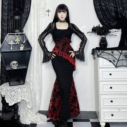 Black Floral Print Lace Trimmed Maxi Dress