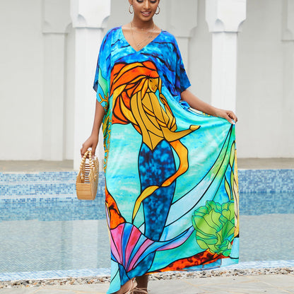 New Cotton Positioning Printed Beach Blouse, Robe-Style Holiday Sunscreen Shirt, Bikini Outer Blouse