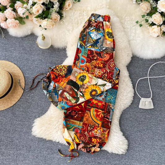 Bohemian Retro Ethnic Print Wide-Leg Pants Women'S High-Waist All-Match Holiday Lantern Pants