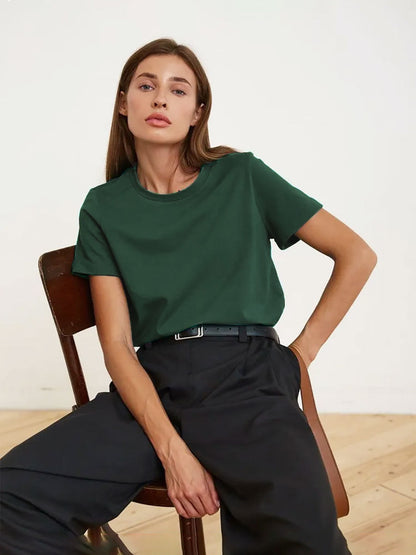 Solid Color Round Neck Loose Short Sleeves Top
