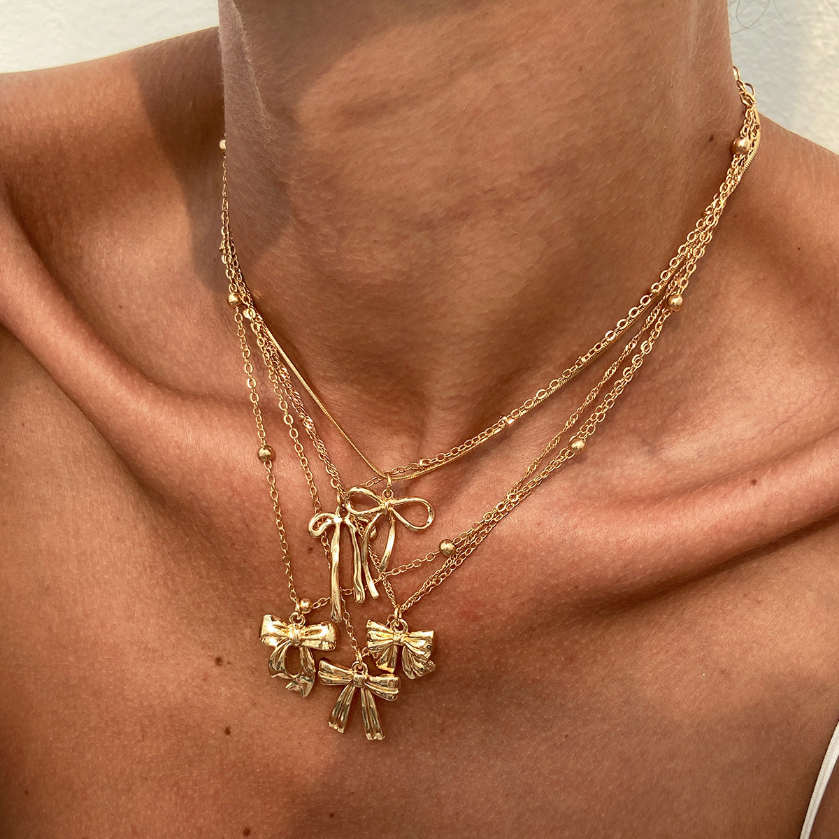 Trendy Ins Metal Ribbon Bow Necklace With Pearl Heart Pendant
