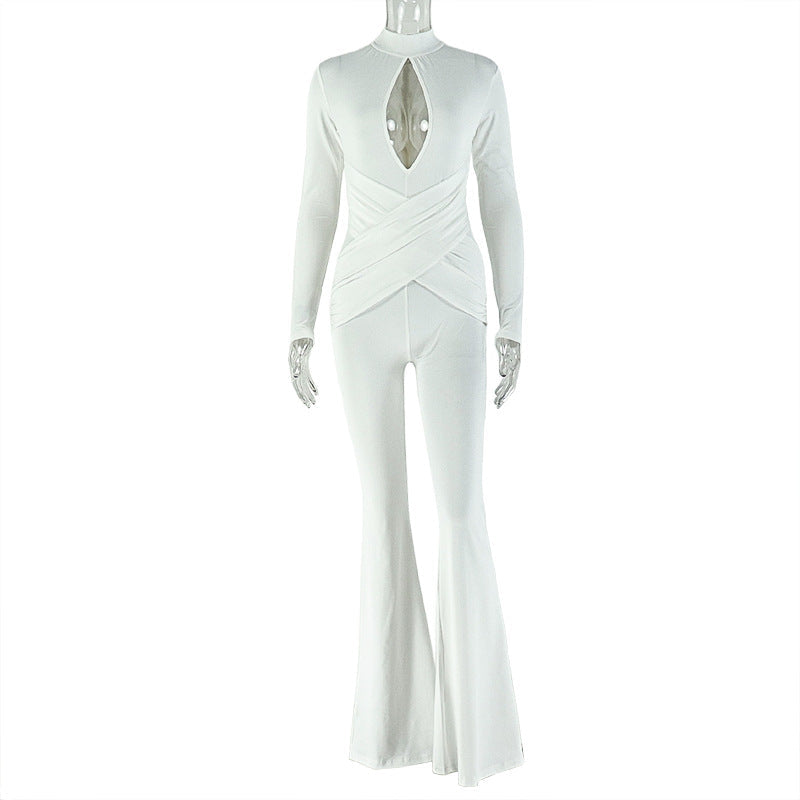 Sexy Hollow Out Solid Color Flare Jumpsuit Casual Streetwear