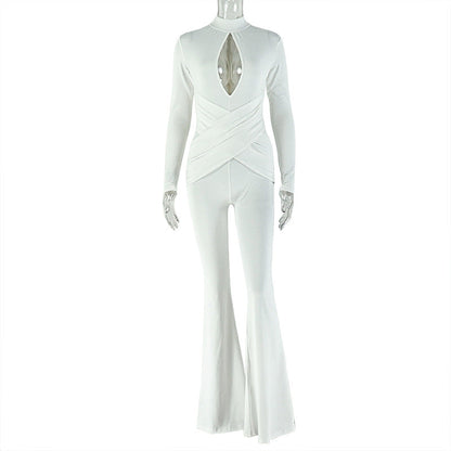 Sexy Hollow Out Solid Color Flare Jumpsuit Casual Streetwear