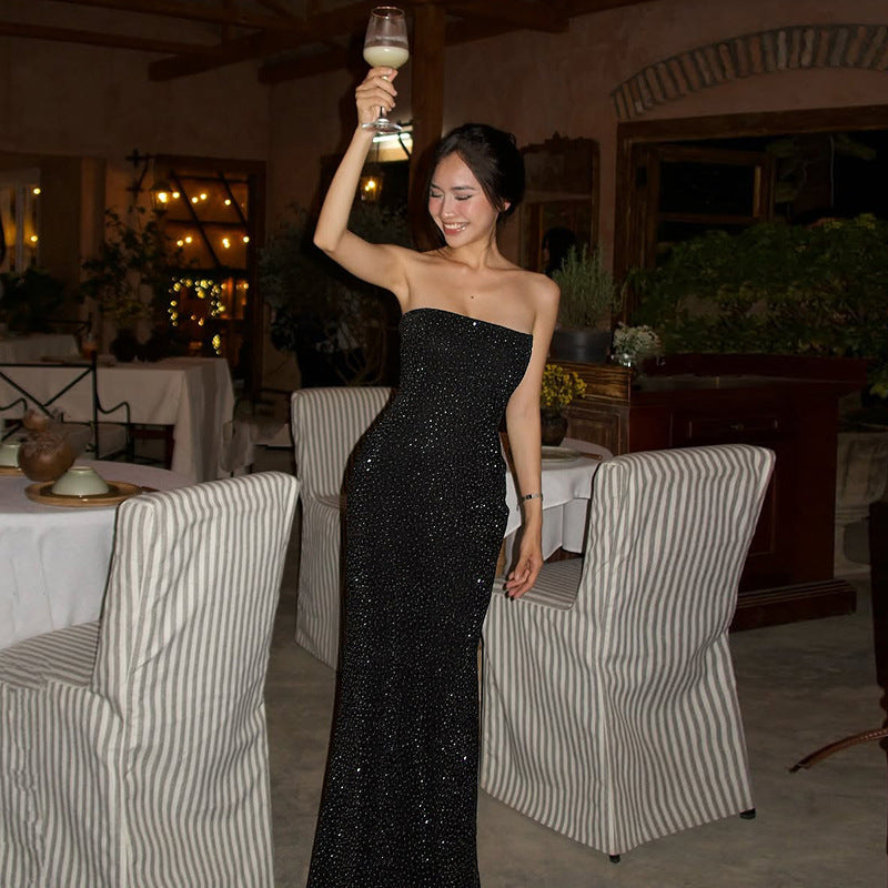 Sleek Black Strapless Pencil Dress With Rhinestones
