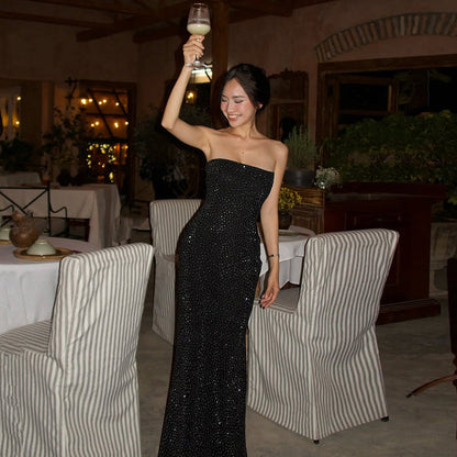 Sleek Black Strapless Pencil Dress With Rhinestones