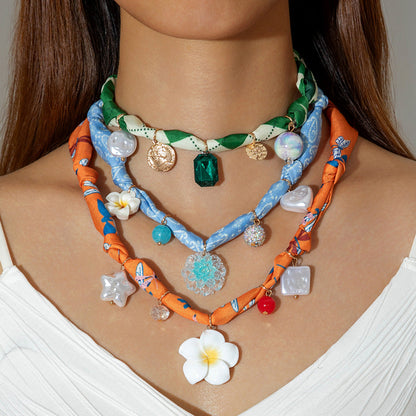 Chic Long Pendant Silk Scarf Necklace With Pearls