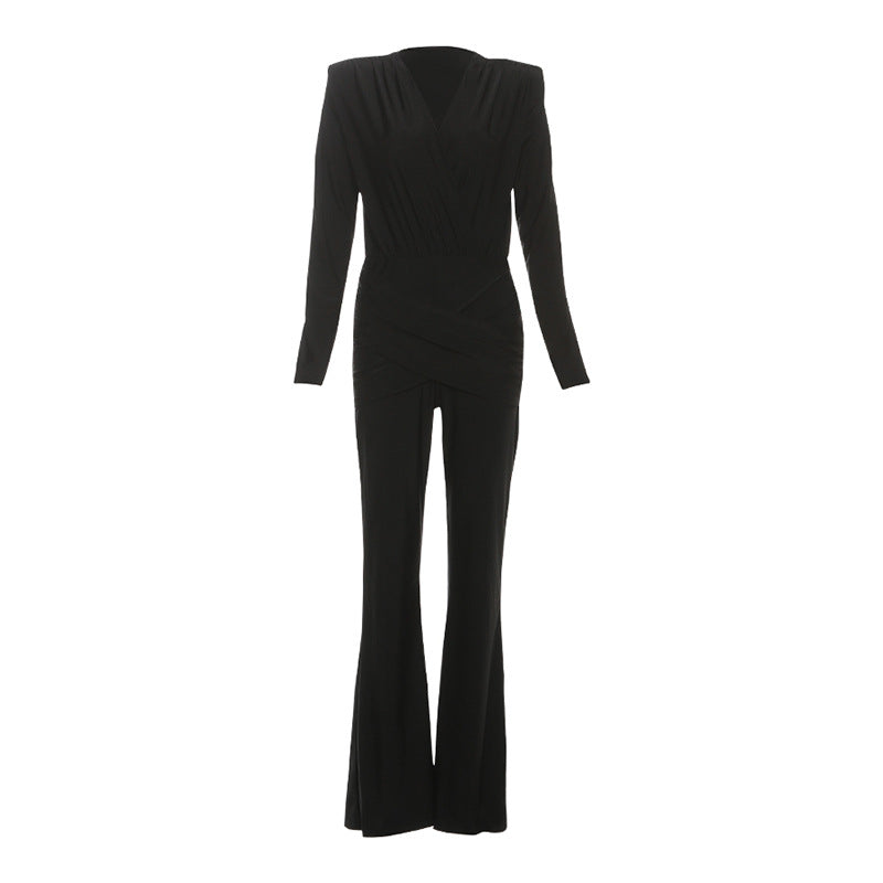 Elegant Slim-Fit Deep V Long Sleeve Jumpsuit