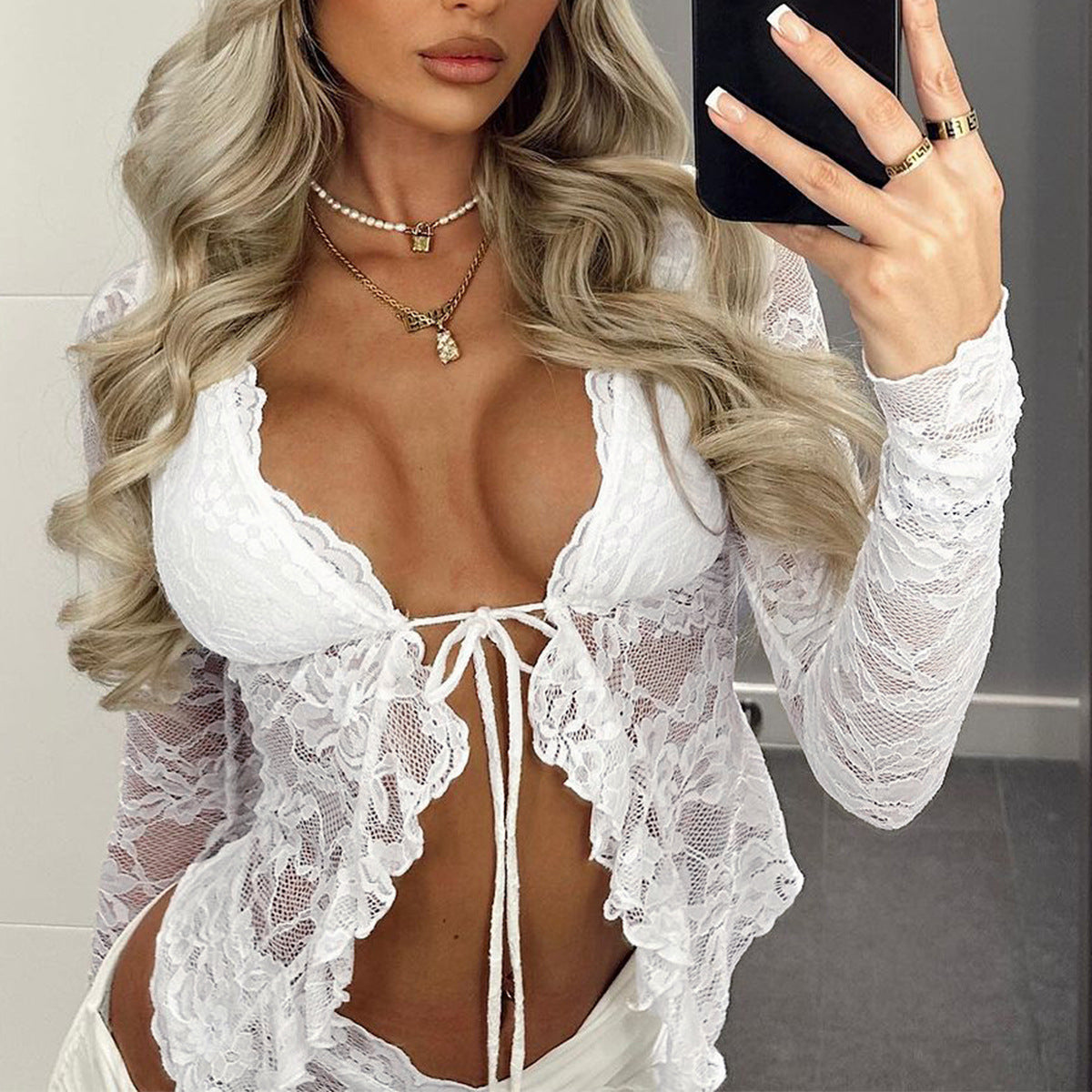 Sexy Hollow Out Lace Cardigan Long Sleeve Top
