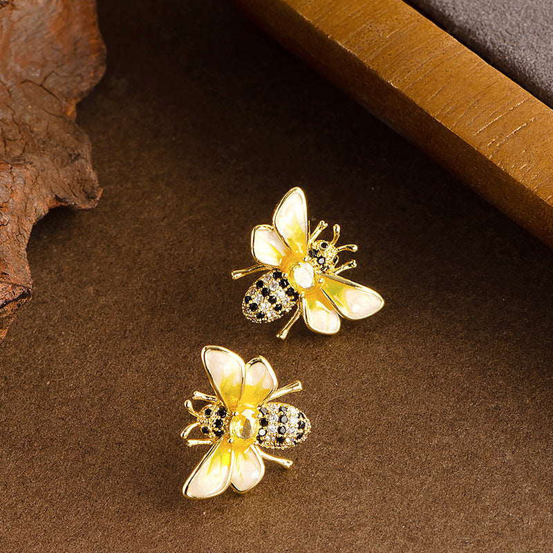 Bee Enamel Earrings With Rhinestones In Gold
