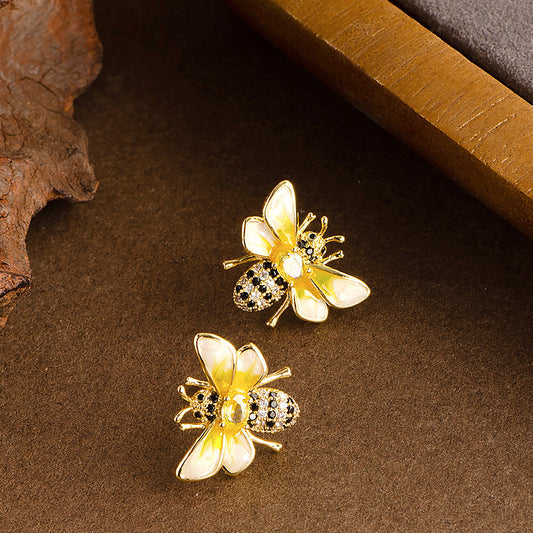 Bee Enamel Earrings With Rhinestones In Gold