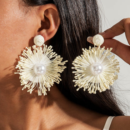 Handmade Woven Raffia Vacation Earrings Floral Design