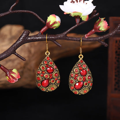 Creative Water Drop Gem Inlaid  Ancient National Style Earrings