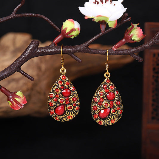 Creative Water Drop Gem Inlaid  Ancient National Style Earrings