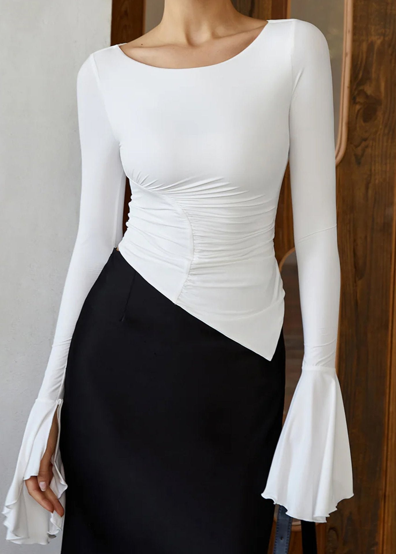 Ruched Bodice Top With Flared Sleeve White