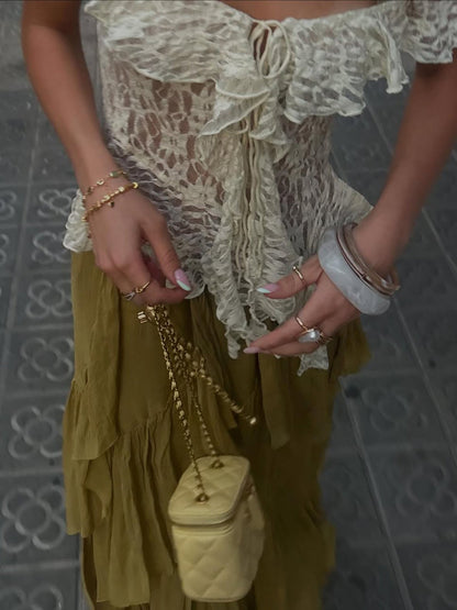 Asymmetrical Lace Trim Tie Top in Apricot