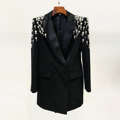 Chic Long Blazer With Beaded Embellishments