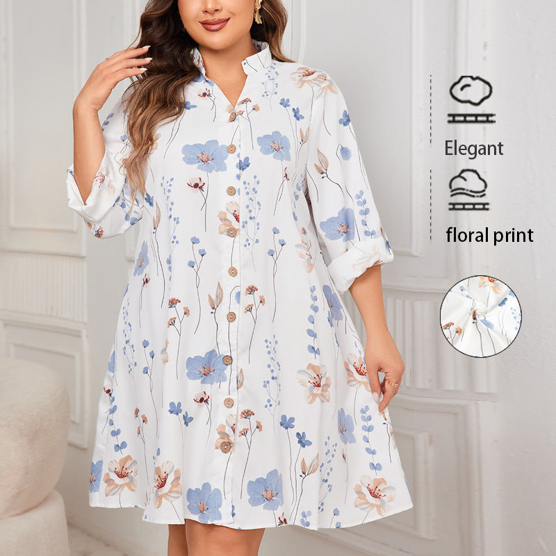 White Floral Print A-Line Dress Polyester Casual Dress