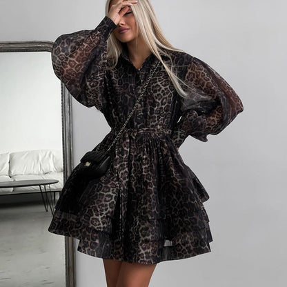 Chiffon Leopard Print Long Sleeve Dress Casual Street Style