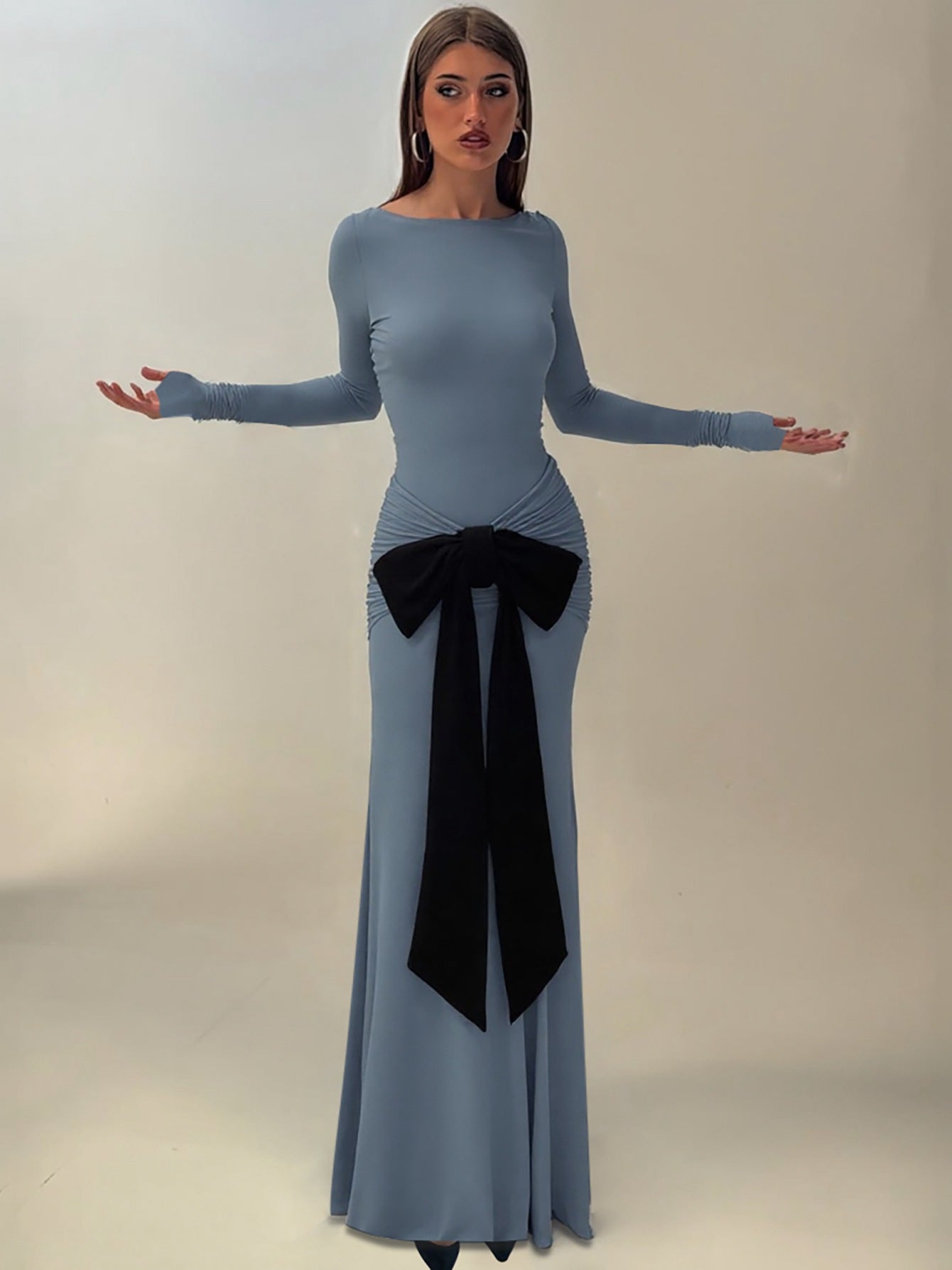 Fashionable Solid Color Long Sleeve Dress with Waist Tie
