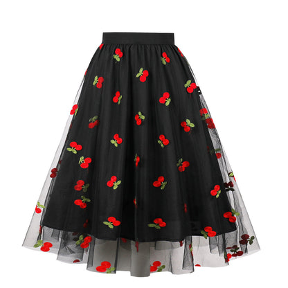Plus Size High Waist A-Line Skirt with Cherry Embroidery