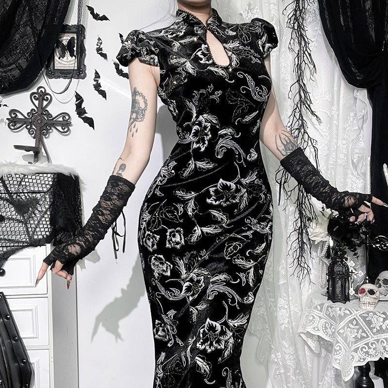 Elegant Chinese Style Qipao Dress with Gold Detailing