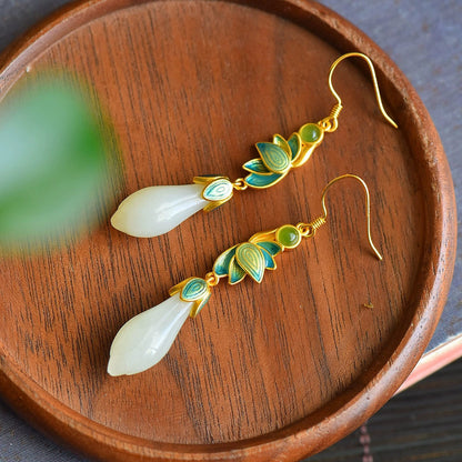 925 Silver Plated Magnolia Flower White Jade Retro Palace Style Long Women'S Earrings
