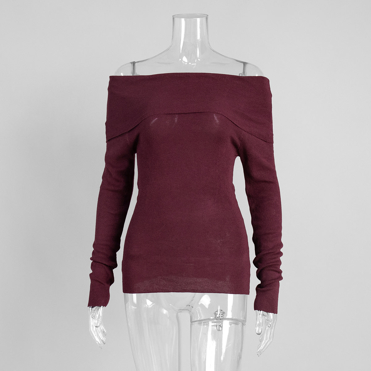 Off-Shoulder Knit Top Solid Color Slim Fit Long Sleeve Sweater