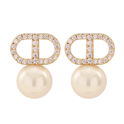 Stylish Zircon Letter Cd Pearl Earrings Simple Design With Silver Posts