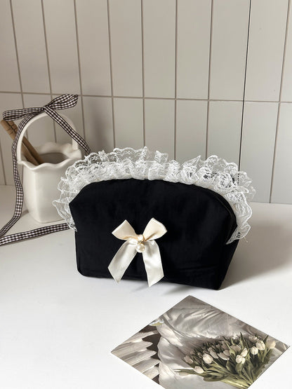Elegant Black Lace Trim Storage Bag with Bow
