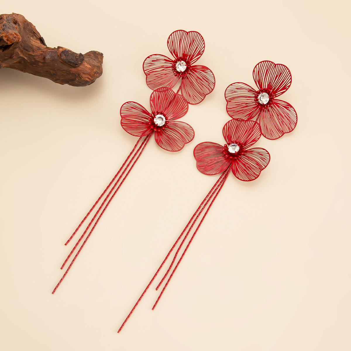 Retro Sweet Cool Metal Red Bow Earrings With Floral Design