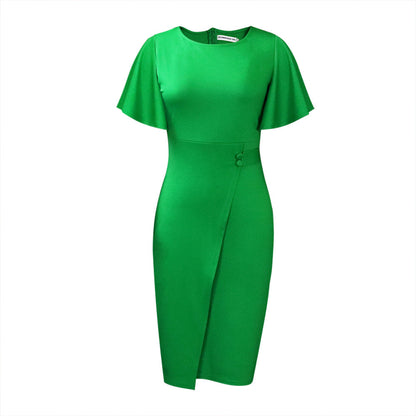 Elegant High-Waisted Ruffle Sleeve Office Dress
