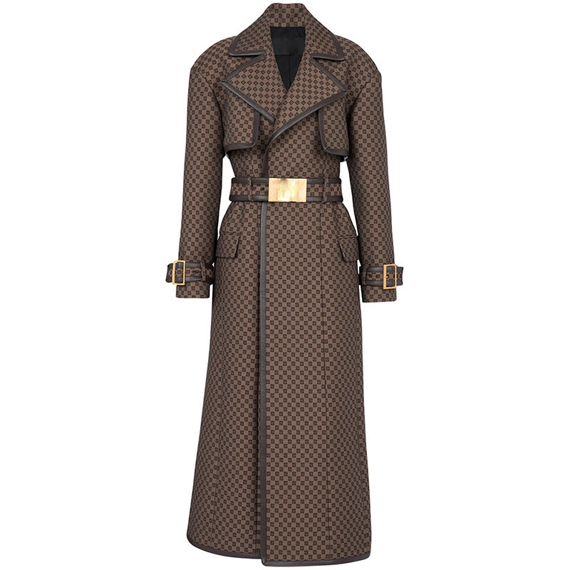 Fashionable Long Coat With Maze Pattern And Belt