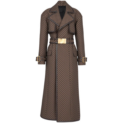 Fashionable Long Coat With Maze Pattern And Belt