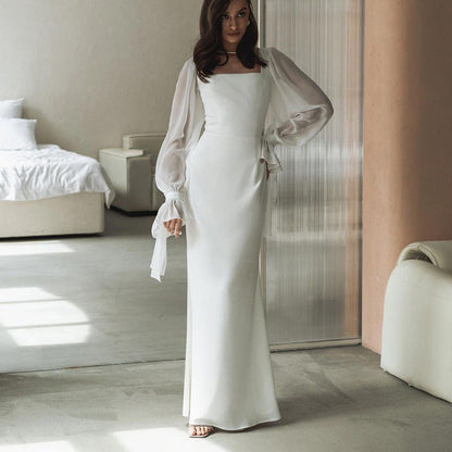 French Style Square Neck Sheer Mesh Flare Sleeve Bodycon Dress