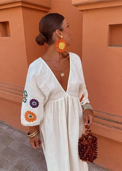 Embroidered Polyester Maxi Dress With Balloon Sleeves