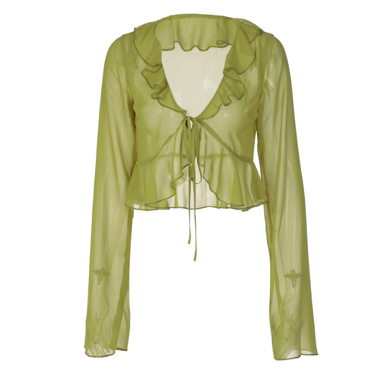 Deep V-Neck Long Sleeve Sheer Top with Ruffle Trim