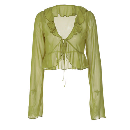 Deep V-Neck Long Sleeve Sheer Top with Ruffle Trim