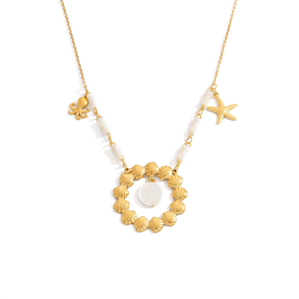 Ocean-Inspired Stainless Steel Seashell Necklace with Crystals