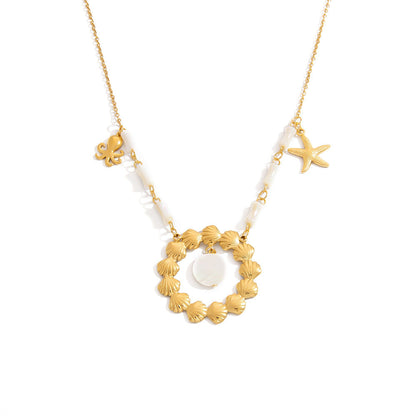 Ocean-Inspired Stainless Steel Seashell Necklace with Crystals