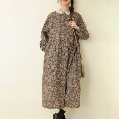 Sweet A-Line Floral Cotton Linen Long Sleeve Dress