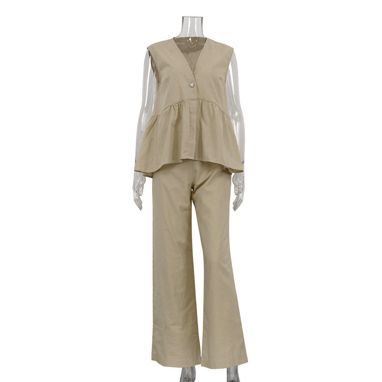 Cotton V-Neck Sleeveless Top and Long Pants Set for Women